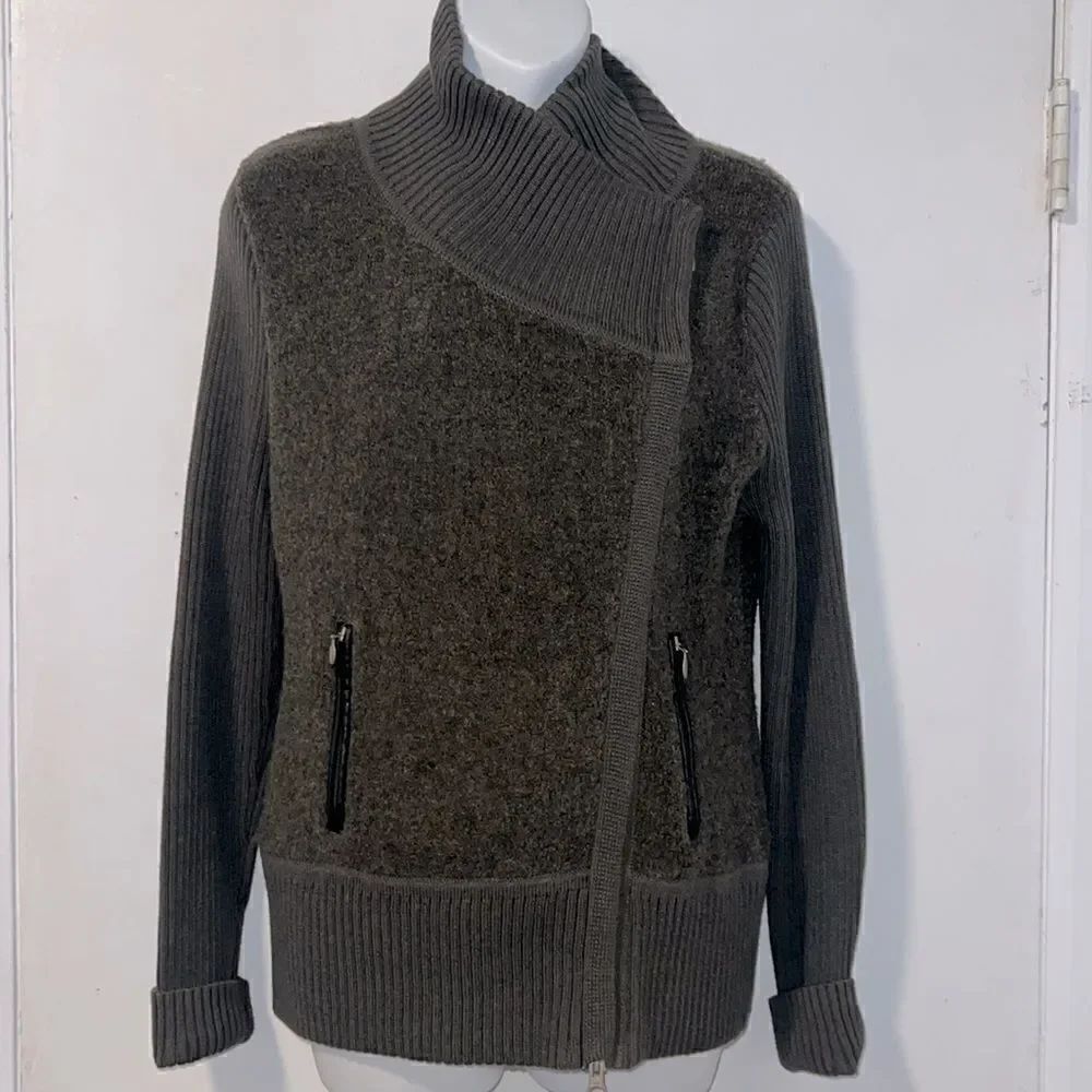 MARGARET O’LEARY Dark Olive Green Knit Sweater Moto Jacket-L